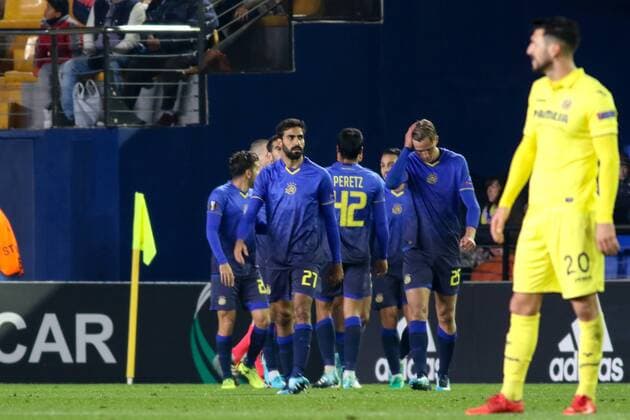 Blackman of Maccabi celebrates the goal during the UEFA Europa League match, round 6, played at Ceramica Stadium, Villarreal, Spain, between Villarreal CF and Maccabi Tel Aviv on Dec 7th 2017. Photo: Oscar J. Barroso AFP7  xOscarxJ.xBarrosox xAFP7x xVillarrealxvxMaccabi,xUEFAxEuropaxLeague,xSpain,xDecx7thx2017x