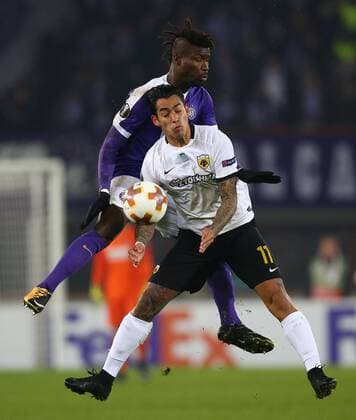 07 12 2017 Ernst Happel Stadium Vienna AUT UEFA EL FK Austria Vienna vs AEK Athens Group D in the picture Abdul Kadiri Mohammed FK Austria Vienna and Sergio Araujo AEK Athens during a UEFA Europa League group FK Austria Vienna and AEK Athens at the Ernst Happel Stadium Vienna Austria on 2017 12 07 Vienna  EP_tha