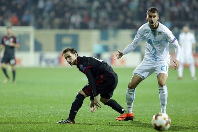 Fußball, EL, HNK Rijeka - AC Mailand UEFA Rijeka vs Milan - Rijeka, Croatia 07.12.2017., Rijeka, Croatia - UEFA Europa league, group D, round 6., HNK Rijeka - AC Milan.Jakov Puljic, Lucas Biglia.  NelxPavletic PIXSELL