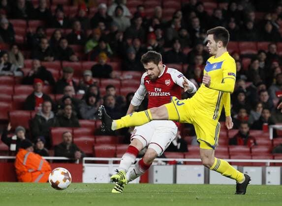 Arsenal s Mathieu Debuchy scoring his sides opening goal during the Europa League Group H match at The Emirates Stadium, London. Picture date: December 7th 2017. Picture credit should read: David Klein Sportimage EDITORIAL USE ONLY. No use with unauthorised audio, video, data, fixture lists, club league logos or live services. Online in-match use limited to 120 images, no video emulation. No use in betting, games or single club league player publications.