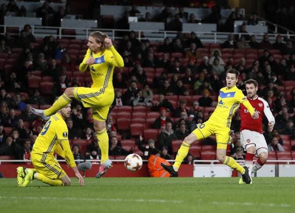 Arsenal s Mathieu Debuchy scoring his sides opening goal during the Europa League Group H match at The Emirates Stadium, London. Picture date: December 7th 2017. Picture credit should read: David Klein Sportimage EDITORIAL USE ONLY. No use with unauthorised audio, video, data, fixture lists, club league logos or live services. Online in-match use limited to 120 images, no video emulation. No use in betting, games or single club league player publications.