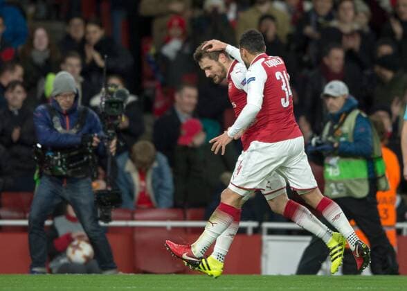 Mathieu Debuchy of Arsenal celebrates scoring the opening goal during the UEFA Europa League match between Arsenal and BATE at the Emirates Stadium, London, England on 7 December 2017. Copyright: xVincexMignottx 18120003