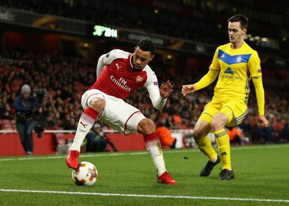 7th December 2017, Emirates Stadium, London, England; UEFA Europa League football, Arsenal versus BATE Borisov; Francis Coquelin of Arsenal with a cruyff turn against Dzyanis Palyakow of BATE Borisov  ActionPlus11959789