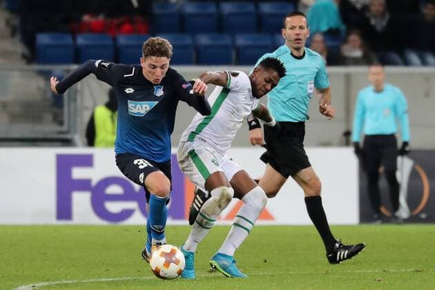 v left Meris Skenderovic Hoffenheim 35 Virgil Misidjan Razgrad 93 Duel duel tackle tackling Dynamics Action Action Football UEFA Europa League TSG 1899 Hoffenheim PFK Ludogorez Razgrad 1945 xozx