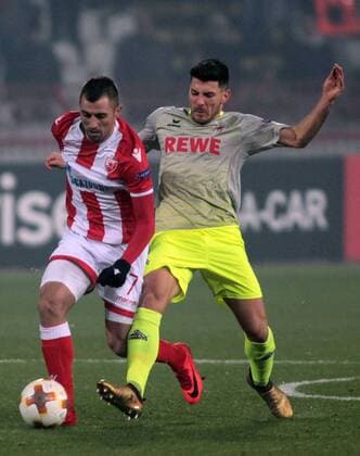 Fußball, EL, Roter Stern Belgrad - 1. FC Köln SOCCER - EL, Crvena Zvezda vs Kaln BELGRADE,SERBIA,07.DEC.17 - SOCCER - UEFA Europa League, FK Crvena Zvezda vs 1. FC Kaln. Image shows Nenad Krsticic (Belgrade) and Milos Jojic (Kaln). GEPAxpictures xAleksandarxDjorov