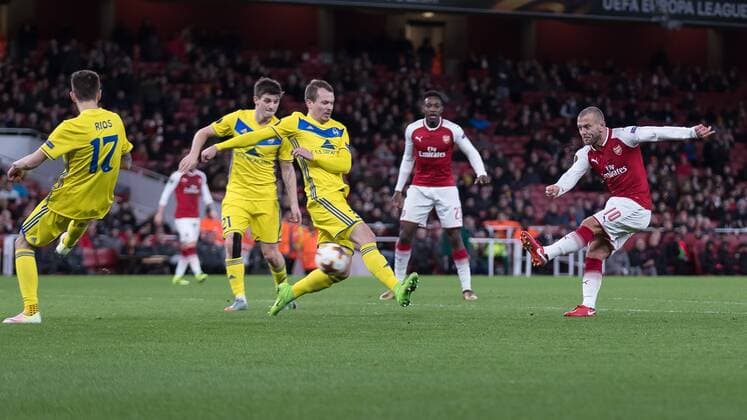 Football - UEFA 2017 2018 Europa League - Group H: Arsenal vs. FC BATE Borisov Jack Wilshere (Arsenal FC) hits home Arsenal s third goal at The Emirates. COLORSPORT DANIEL BEARHAM  csp_ars_bat_071217_