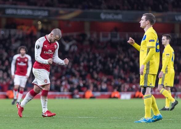 Football - UEFA 2017 2018 Europa League - Group H: Arsenal vs. FC BATE Borisov Jack Wilshere (Arsenal FC) with muted celebration after he scores his teams third goal at The Emirates. COLORSPORT DANIEL BEARHAM  csp_ars_bat_071217_