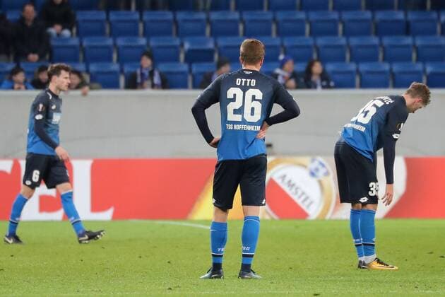 David Hoffenheim 26 and Meris Skenderovic Hoffenheim 35 are disappointed looking disappointed disappointment frustration disappointed pessimistic football UEFA Europa League TSG 1899 Hoffenheim PFK Ludogorez Razgrad 1945 xozx