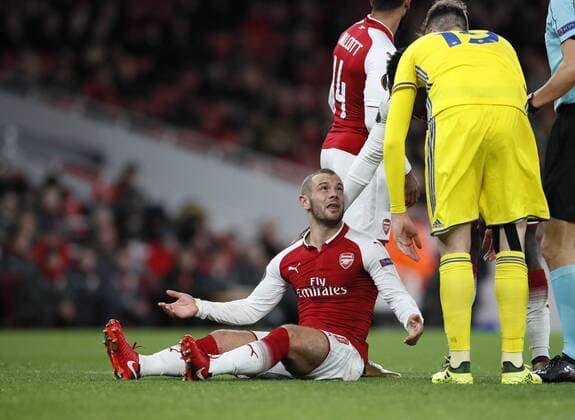 Arsenal s Jack Wilshere complains after getting elbowed during the Europa League Group H match at The Emirates Stadium, London. Picture date: December 7th 2017. Picture credit should read: David Klein Sportimage EDITORIAL USE ONLY. No use with unauthorised audio, video, data, fixture lists, club league logos or live services. Online in-match use limited to 120 images, no video emulation. No use in betting, games or single club league player publications.
