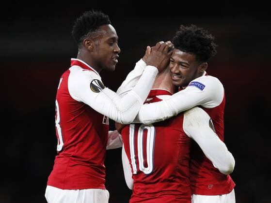 Arsenal s Jack Wilshere celebrates scoring his sides third goal with Danny Welbeck and Ainsley Maitland-Niles during the Europa League Group H match at The Emirates Stadium, London. Picture date: December 7th 2017. Picture credit should read: David Klein Sportimage EDITORIAL USE ONLY. No use with unauthorised audio, video, data, fixture lists, club league logos or live services. Online in-match use limited to 120 images, no video emulation. No use in betting, games or single club league player publications.