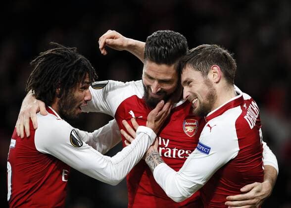Arsenal s Olivier Giroud celebrates scoring his sides fifth goal during the Europa League Group H match at The Emirates Stadium, London. Picture date: December 7th 2017. Picture credit should read: David Klein Sportimage EDITORIAL USE ONLY. No use with unauthorised audio, video, data, fixture lists, club league logos or live services. Online in-match use limited to 120 images, no video emulation. No use in betting, games or single club league player publications.