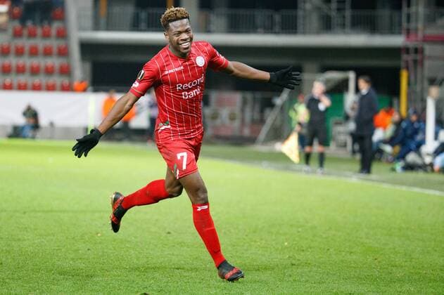 Essevee s Aaron Leya Iseka celebrates after scoring during a soccer game between Belgian club SV Zulte Waregem and Italian club Societa Sportiva Lazio, the sixth and last match of the group stage (Group K) of the UEFA Europa League competition, Thursday 07 December 2017 in Waregem. KURTxDESPLENTER  x05215255x