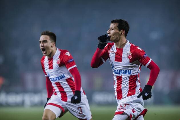 7th December 2017, Rajko Mitic Stadium, Belgrade, Serbia, UEFA Europa League football, Red Star Belgrade versus FC Cologne; Midfielder Slavoljub Srnic of Red Star Belgrade and Midfielder Branko Jovicic of Red Star Belgrade celebrate their goal for 1-0  ActionPlus11959825