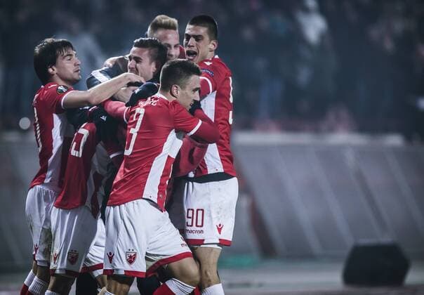 7th December 2017, Rajko Mitic Stadium, Belgrade, Serbia, UEFA Europa League football, Red Star Belgrade versus FC Cologne; Midfielder Slavoljub Srnic of Red Star Belgrade, Defender Vujadin savic of Red Star Belgrade, Defender Filip Stojkovic of Red Star Belgrade celebrate the goal for 1-0  ActionPlus11959827