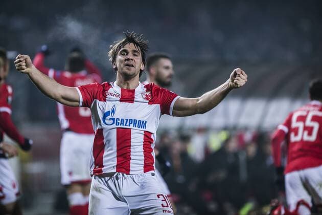 FuÃŸball, EL, Roter Stern Belgrad - 1. FC KÃ¶ln 7th December 2017, Rajko Mitic Stadium, Belgrade, Serbia, UEFA Europa League football, Red Star Belgrade versus FC Cologne; Defender Filip Stojkovic of Red Star Belgrade celebrates their goal for 1-0  ActionPlus11959828