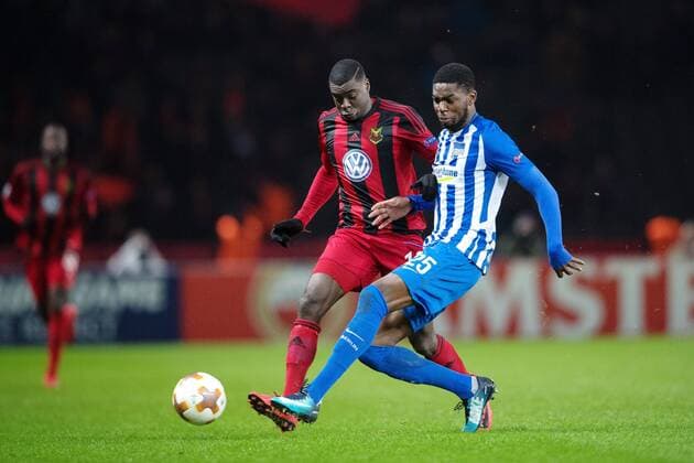 171207 Östersund Ken Sema and Hertha Berlin Jordan Torunarigha during the football match in the European League between Hertha Berlin and Östersund on December 7, 2017 in Berlin  Copyright: PETTERxARVIDSON BB171207PA088