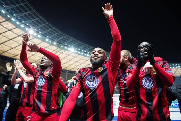 171207 Östersund Fouad Bachirou celebrates the football match in the Europa League between Hertha Berlin and Östersund on December 7, 2017 in Berlin  Copyright: PETTERxARVIDSON BB171207PA092