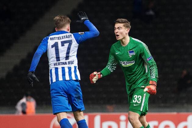 171207 Hertha Berlins malady Jonathan Klinsmann is pleased to save his death from Östersund Brwa Nouri not pictured during the football match in the European League between Hertha Berlin and Östersund on December 7, 2017 in Berlin  Copyright: PETTERxARVIDSON BB171207PA096