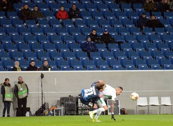 07 12 2017 xhbx Football Europa League TSG 1899 Hoffenheim Rasgrad emspor v Felix Passlack TSG 1899 Hoffenheim Anicet Abel Ludogorets Razgrad Empty grandstand audience Sinsheim