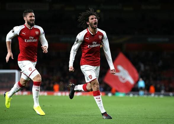 7th December 2017, Emirates Stadium, London, England; UEFA Europa League football, Arsenal versus BATE Borisov; Mohamed Elneny of Arsenal celebrates after scoring his sides 6th goal during the 2nd half to make it 6-0 with Olivier Giroud of Arsenal  ActionPlus11959834