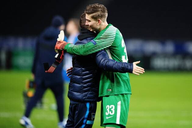 171207 Hertha Berlins malady Jonathan Klinsmann hugs about person after the football match in the Europa League between Hertha Berlin and Östersund on December 7, 2017 in Berlin  Copyright: PETTERxARVIDSON BB171207PA115
