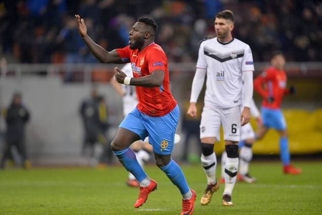 December 7, 2017 - Bucharest, Romania - Harlem Gnohere of Steaua celebrates his goal during the UEFA Europa League group G football match FCSB Steaua Bucuresti vs Energy Investments Lugano, on December 7, 2017 in Bucharest, Romania. Steaua Bucuresti v FC Lugano - UEFA Europa League  - ZUMAn230 20171207_zaa_n230_279 Copyright: xAlexxNicodimx