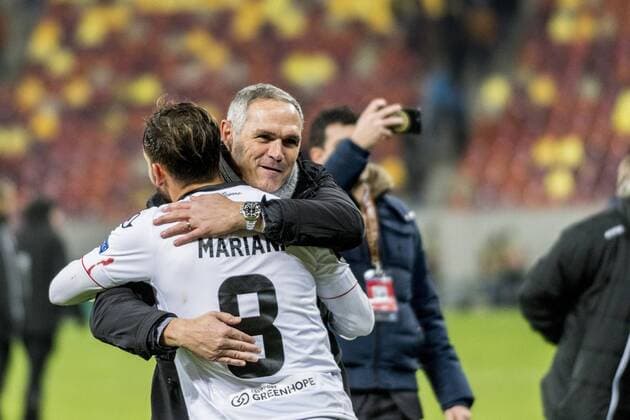 December 8, 2017: Pierluigi Tami - head coach (FC Lugano) and Davide Mariani 8 (FC Lugano) at the end of the UEFA Europa League 2017-2018, Group Stage, Groupe G game between FCSB Bucharest (ROU) and FC Lugano (CHE) at National Arena Stadium, Bucharest, Romania ROU.  Copyright: xCronos CatalinxSoarex cronoscs8122017115036