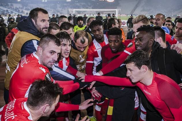 7th December 2017, Rajko Mitic Stadium, Belgrade, Serbia, UEFA Europa League football, Red Star Belgrade versus FC Cologne; layers of Red Star Belgrade celebrate the victory with their fans  ActionPlus11959866