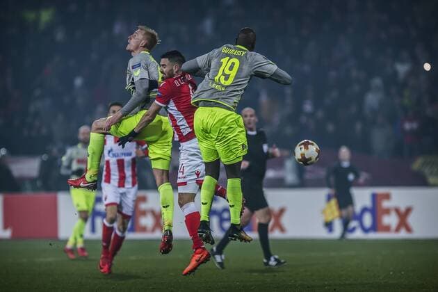 7th December 2017, Rajko Mitic Stadium, Belgrade, Serbia, UEFA Europa League football, Red Star Belgrade versus FC Cologne; Midfielder Damien Le Tallec of Red Star Belgrade in action against Forward Sehrou Guirassy of FC Kaln  ActionPlus11959852