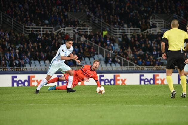 December 7, 2017 - San Sebastian, Guipuzcoa, Spain - Zurutuza of Real Sociedad duels for the ball with Domenico Criscito of Zenit during the UEFA Europa League Group L football match between Real Sociedad and Zenit at the Anata Stadium, on 7 December 2017 in San Sebastian, Spain Real Sociedad v Zenit St. Petersburg - UEFA Europa League  - ZUMAn230 20171207_zaa_n230_533 Copyright: xJosexIgnacioxUnanuex