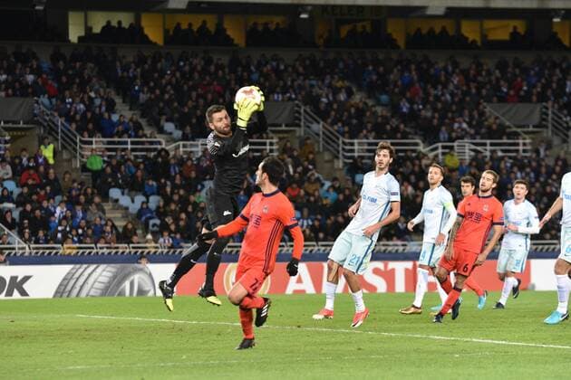 December 7, 2017 - San Sebastian, Guipuzcoa, Spain - Yuri Lodygin of Zenit duels for the ball with Juanmi of Real Sociedad during the UEFA Europa League Group L football match between Real Sociedad and Zenit at the Anata Stadium, on 7 December 2017 in San Sebastian, Spain Real Sociedad v Zenit St. Petersburg - UEFA Europa League  - ZUMAn230 20171207_zaa_n230_528 Copyright: xJosexIgnacioxUnanuex