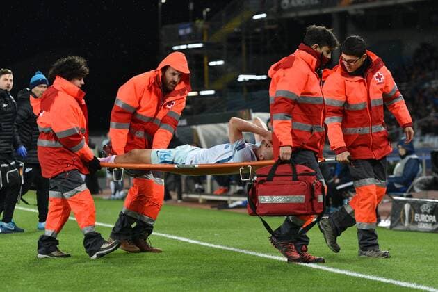 December 7, 2017 - San Sebastian, Guipuzcoa, Spain - Zenit s Russian defender Igor Smolnikov is carried off the pitch during the UEFA Europa League group L football match between Real Sociedad and Zenit Saint Petersburg in San Sebastian on December 7, 2017. Real Sociedad v Zenit St. Petersburg - UEFA Europa League  - ZUMAn230 20171207_zaa_n230_544 Copyright: xJosexIgnacioxUnanuex
