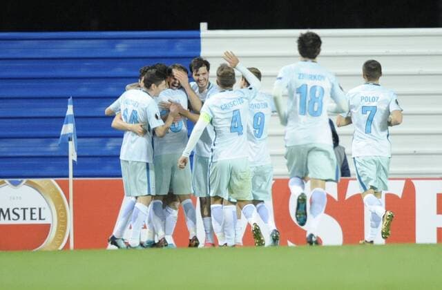 Partido de la Europa League entre la Real Sociedad y el Zenit. En la imagen, celebración de los jugadores del Zenit. Europa League match between Real Sociedad and Zenit. In this picture, Zenit players celebration. 