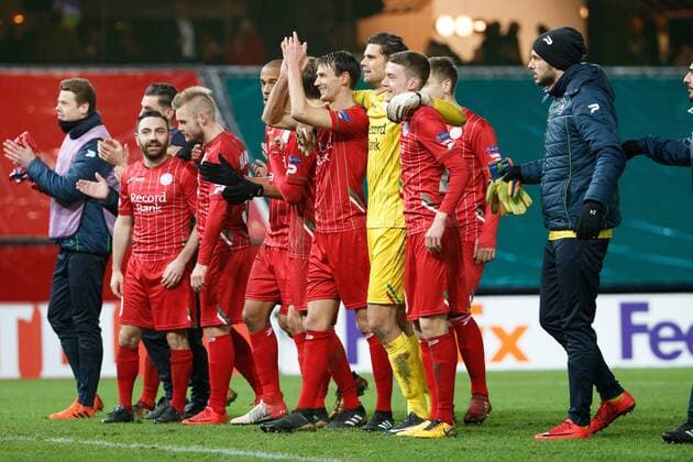 Essevee s players celebrate after winning a soccer game between Belgian club SV Zulte Waregem and Italian club Societa Sportiva Lazio, the sixth and last match of the group stage (Group K) of the UEFA Europa League competition, Thursday 07 December 2017 in Waregem. KURTxDESPLENTER  x05215284x