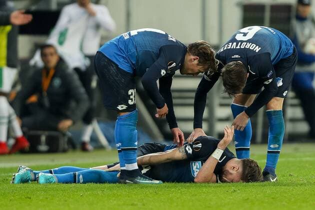 Sinsheim Germany 07 12 2017 UEFA Europa League 2017 18 Season Group Stage Group C 6 Matchday TSG 1899 Hoffenheim PFC Ludogorets 1945 Ermin Bicakcic TSG on the ground DeFodi507