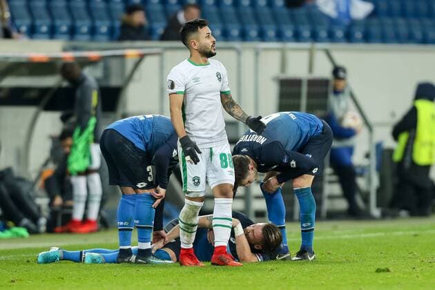 Sinsheim Germany 07 12 2017 UEFA Europa League 2017 18 Season Group Stage Group C 6 Matchday TSG 1899 Hoffenheim PFC Ludogorets 1945 Ermin Bicakcic TSG on the ground DeFodi507