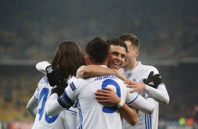 December 7, 2017 - Kiev, Ukraine - Dynamo s Junior Moraes celebrates with his teammates after scoring during the UEFA Europa League group stage football match between Dynamo Kyiv and FK Partizan in Kiev on December 7, 2017. Dinamo Kiev v Partizan - UEFA Europa League  - ZUMAn230 20171207_zaa_n230_596 Copyright: xSergiixKharchenkox