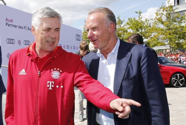 FC Bayern Munich in Ingolstadt at AUDI AG Karl Heinz Rummenigge together with head coach Carlo Ancelotti Ingolstadt BAYERN Germany AUDI FORUM