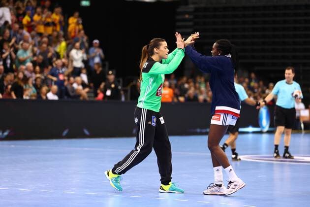 Siraba Dembele France and Cleopatre Darleux France celebrate victory France vs Romania IHF Womens Handball World Cup 08 12 2017 Photographer Neis Eibner Trier Copyright: xNeisx Eibner-Pressefotox EP_ans