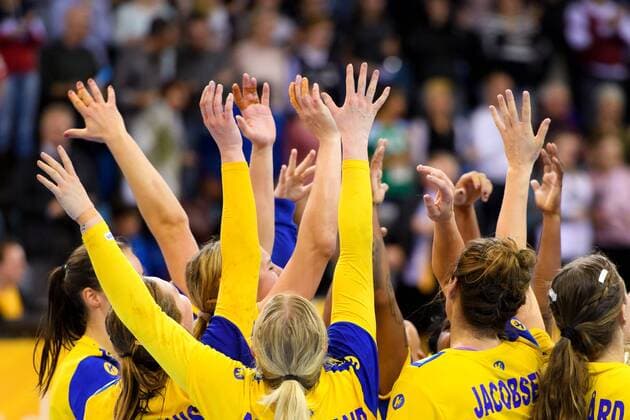171208 The Swedish players cheer for the match between Norway and Sweden during the World Cup on December 8, 2017 in Bietigheim Bissingen  Copyright: CARLxSANDIN BB171208CS136