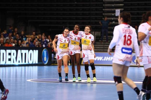 Amaia Gonzalez de Garibay Barba Spain Alexandrina Cabral Barbosa Spain and Carmen Martin Berenguer Spain celebrate victory Spain vs Slovenia IHF Womens Handball World Cup 08 12 2017 Photographer Neis Eibner Trier Copyright: xEibner-Pressefoto AlexanderxNeisx EP_ANS