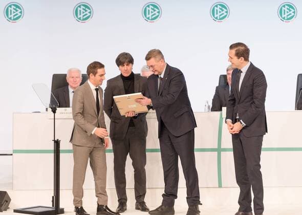 Frankfurt GER Hessen December 08 Extraordinay DFB Bundestag Congress Center German national team coach Joachim Loew DFB President Reinhard Grindel DFB Secretary General Dr Friedrich Curtius