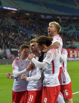Dominik Kaiser RB 24 goalscorer Timo Werner RB 11 Yussuf Poulsen RB 9 Kevin Kampl RB 44 rejoice after the 2 1 Goal of the Game RasenBallsport Leipzig RB vs FSV Mainz 05 Soccer 1 Liga 09 12 2017 Leipzig Copyright: xModla Eibner-Pressefotox ep_cma
