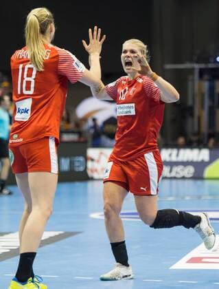 Kathrine Heindahl 10 DEN cheers eighth-finals Germany Denmark in Magdeburg on 10 12 2017 Handball 23 Women Handball World Cup in Germany 2017