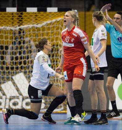 Kathrine Heindahl 10 DEN cheers eighth-finals Germany Denmark in Magdeburg on 10 12 2017 Handball 23 Women Handball World Cup in Germany 2017