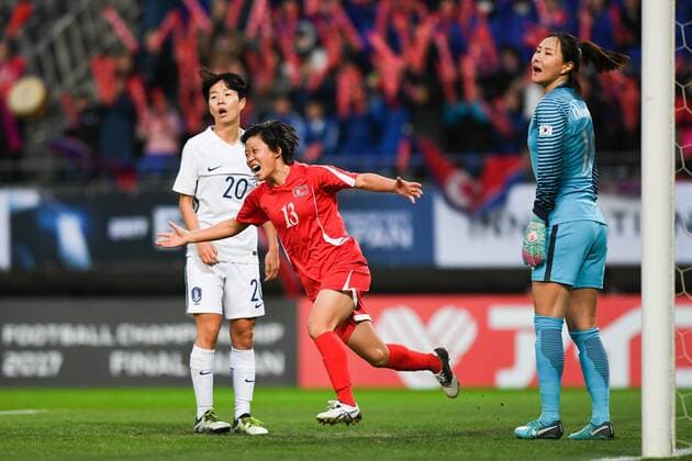 CHIBA, JAPAN - DECEMBER 11: Kim Phyong Hwa 13 of North Korea celebrates the opening goal scored by team mate Kim Yun Mi during the EAFF E-1 Women s Football Championship between North Korea and South Korea at Fukuda Denshi Arena on December 11, 2017 in Chiba, Japan.  Copyright: xVCGx CFP111140541806 