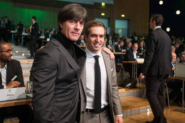 Joachim LOEW li LÖW Jogi National Coach GER and Phillip LAHM Honorary Captain GER Extraordinary DFB Bundestag on 08 12 2017 in Frankfurt Germany Â