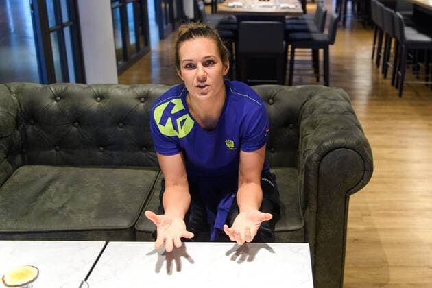 171211 Sabina Jacobsen is interviewed at a press meeting with the Swedish national team during the World Cups Handball December 11, 2017 in Leipzig  Copyright: CARLxSANDIN BB171211CS002