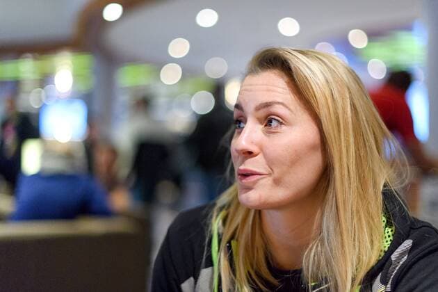 171211 Isabelle Gullden is interviewed at a press meeting with the Swedish national team during the World Cups Handball on December 11, 2017 in Leipzig  Copyright: CARLxSANDIN BB171211CS011