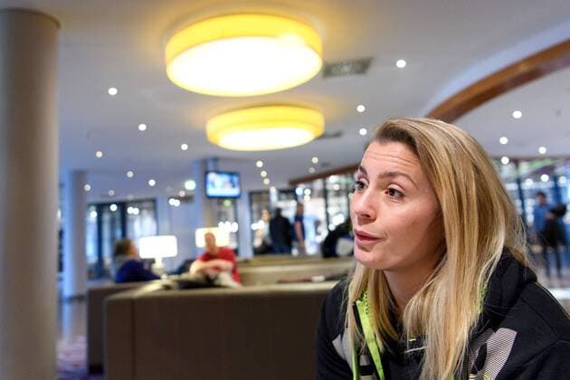 171211 Isabelle Gullden is interviewed at a press meeting with the Swedish national team at the World Cup on December 11, 2017 in Leipzig  Copyright: CARLxSANDIN BB171211CS014